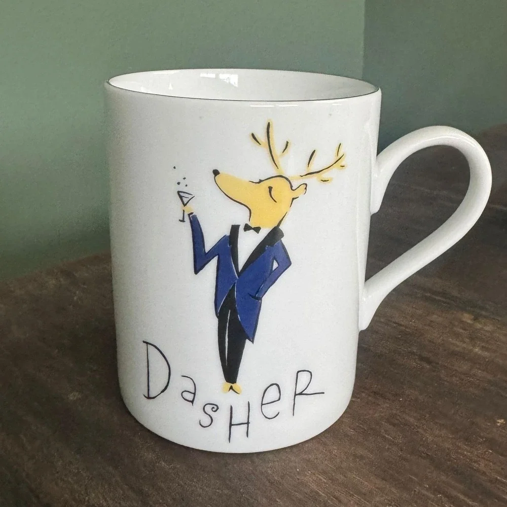 Four Pottery Barn Reindeer Coffee Mugs Prancer Vixen Dancer Dasher